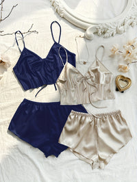 2 Sets Women's Elegant Solid Satin Pajama Set, Bow Tie Front V Neck Crop Cami Top & Shorts, Comfortable Relaxed Fit, Summer Nightwear - Veloxea