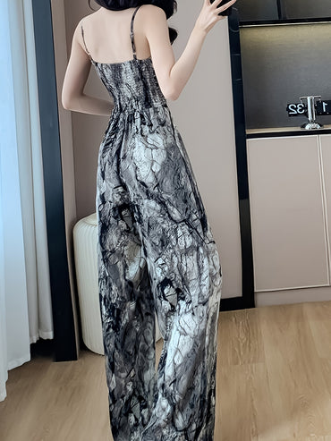 Tie Dye Wide Leg Jumpsuit, Elegant Sleeveless Jumpsuit For Spring & Summer, Women's Clothing - Veloxea