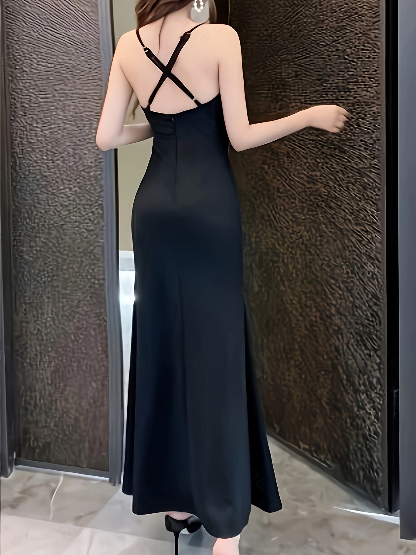 Solid Split Thigh Crisscross Dress, Sleeveless V-neck Elegant Dress, Women's Clothing