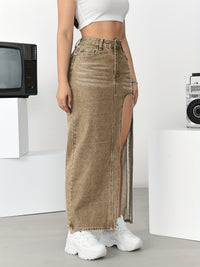 Women's High-Waisted Split Denim Skirt, Sexy Long Plain Maxi Jean Skirt With Side Slit, Vintage Style Fashion, Casual Streetwear - Veloxea