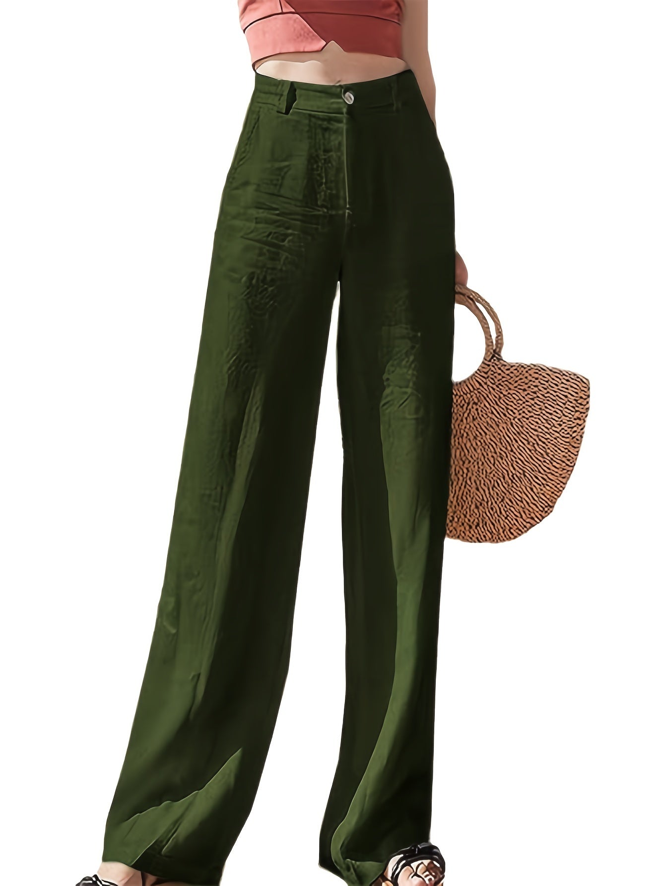 Solid Color Straight Leg Pants, Casual High Waist Loose Pants For Spring & Summer, Women's Clothing