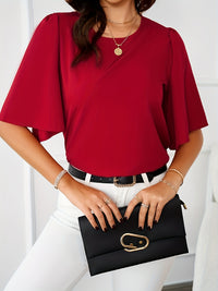 Solid Crew Neck Blouse, Elegant Ruffle Sleeve Blouse, Women's Clothing - Veloxea