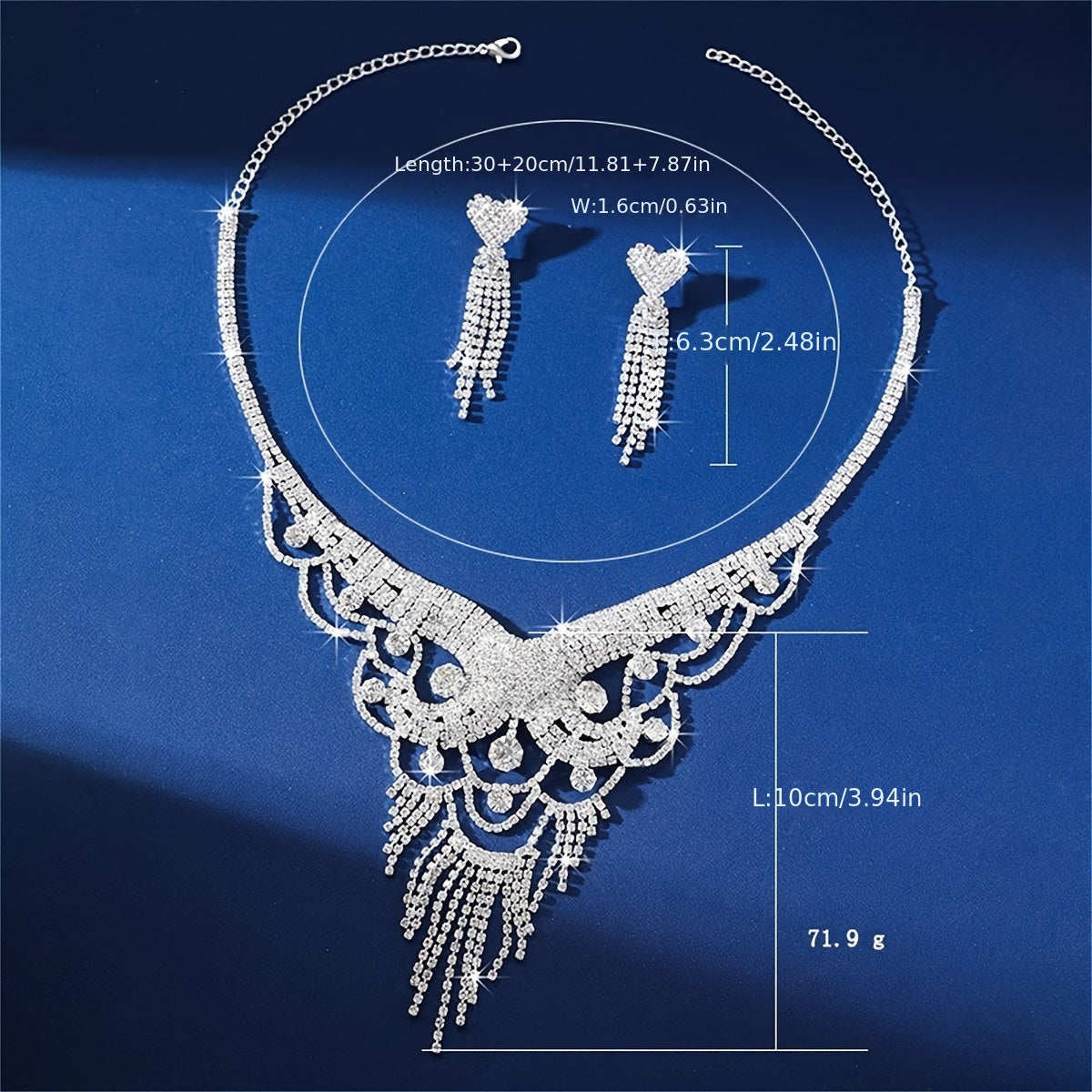 1 Pair Of Earrings + 1 Necklace Elegant Jewelry Set Silver Plated Paved Shining Rhinestone Engagement/ Wedding Decor Dupes Luxury Jewelry Gifts For Eid - Veloxea