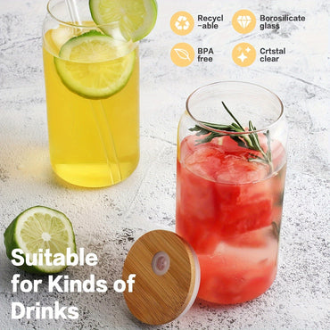 4Pcs Drinking Glasses with Bamboo Lids and Glass Straw - 16 Oz Can Shaped Glass Cups for Beer, Ice Coffee, Cute Tumbler Cup Great for Soda Boba Tea Cocktail Include 2 Cleaning Brushes - Veloxea
