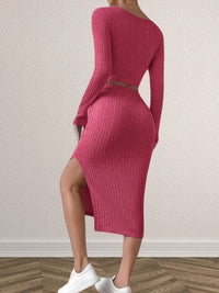 Solid Matching Two-piece Skirt Set, Casual Long Sleeve T-shirt & Split Skirt Outfits, Women's Clothing - Veloxea