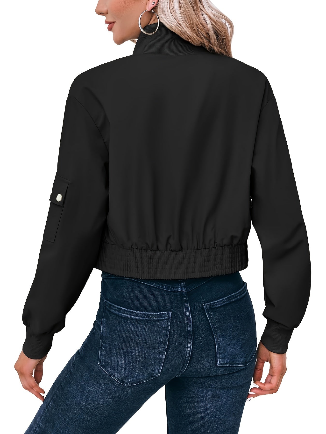 Solid Color Zipper Front Jacket, Casual Lapel Neck Flap Pockets Long Sleeve Button Decor Jacket For Spring & Fall, Women's Clothing