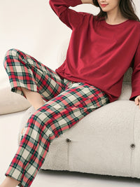 Plaid Print Pajama Set, Long Sleeve Crew Neck Top & Elastic Waistband Plaid Pants, Women's Sleepwear & Loungewear