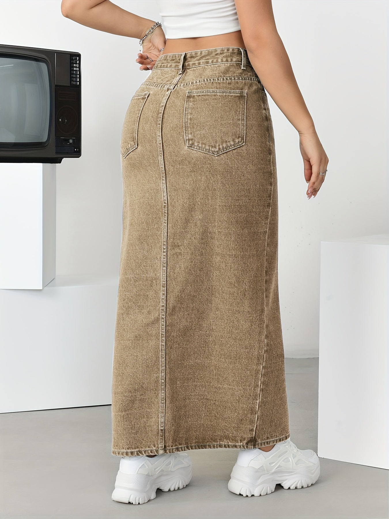 Women's High-Waisted Split Denim Skirt, Sexy Long Plain Maxi Jean Skirt With Side Slit, Vintage Style Fashion, Casual Streetwear - Veloxea