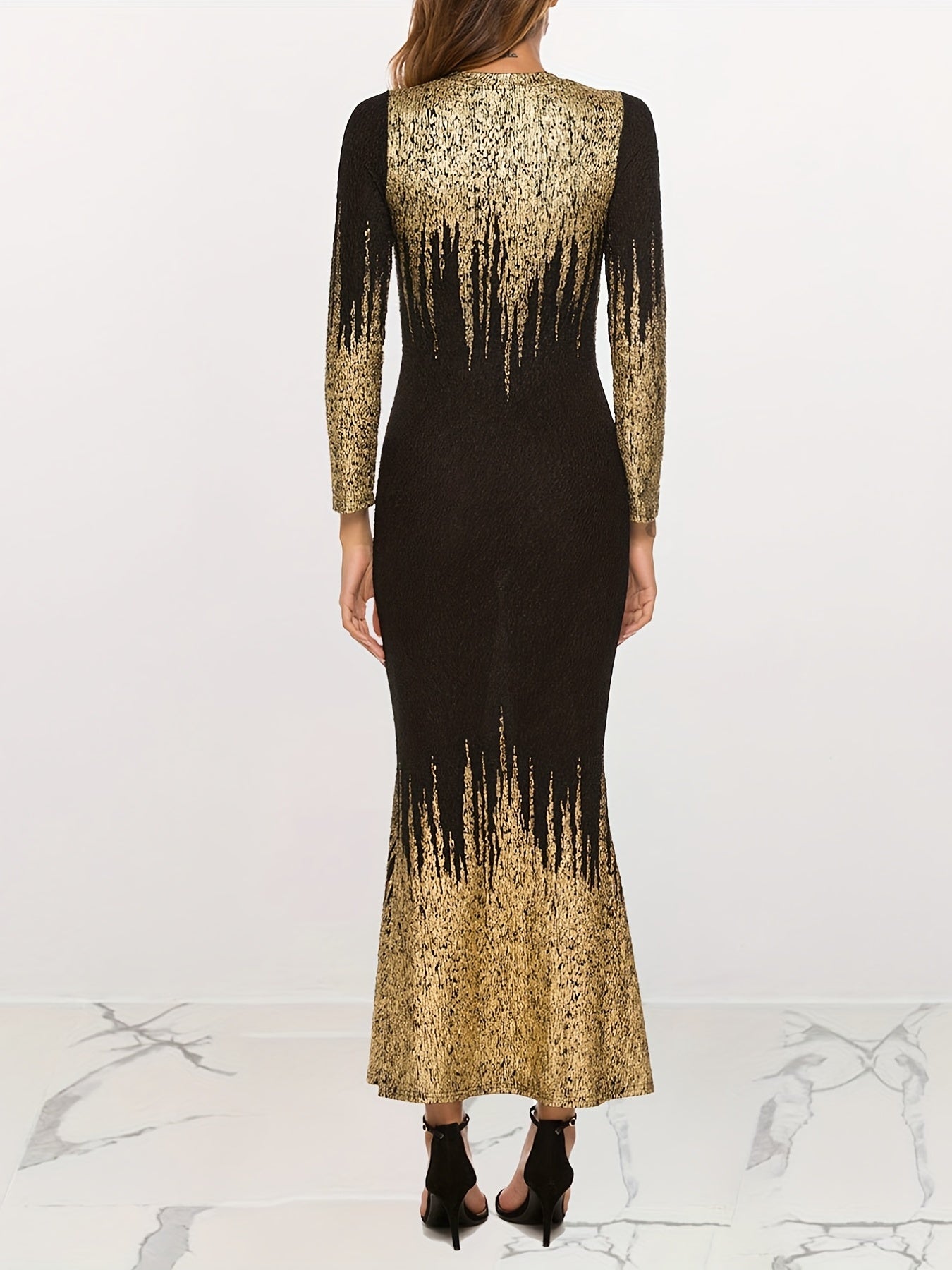 Bronzing Print Bodycon Dress, Elegant Crew Neck Long Sleeve Dress, Women's Clothing