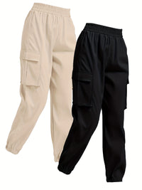 2 Pack Solid Jogger Cargo Pants, Casual Flap Pocket Elastic Waist Pants, Women's Clothing