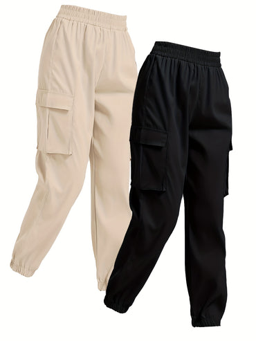 2 Pack Solid Jogger Cargo Pants, Casual Flap Pocket Elastic Waist Pants, Women's Clothing