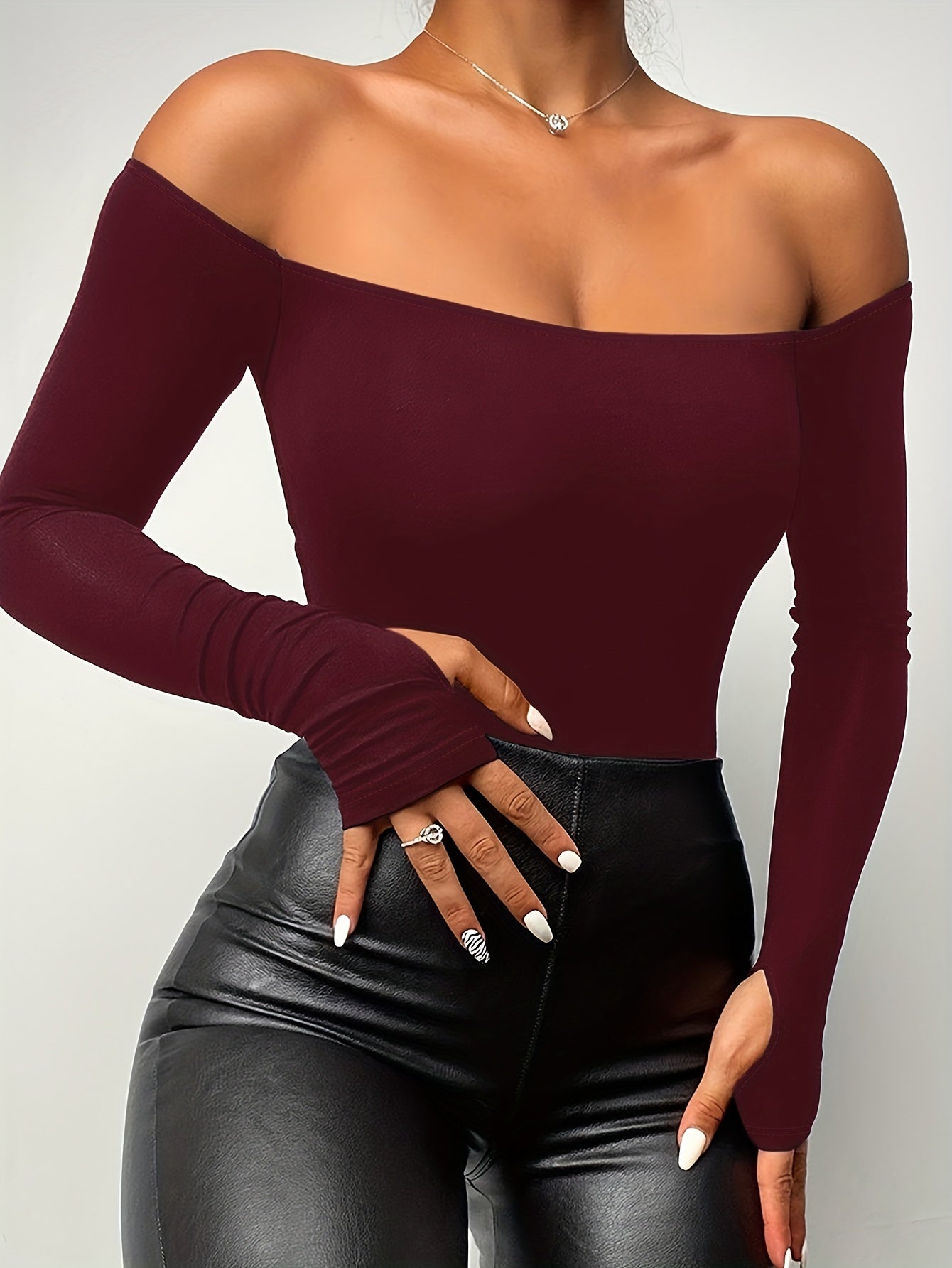 Off Shoulder Solid T-Shirt, Casual Long Sleeve Top For Spring & Fall, Women's Clothing - Veloxea
