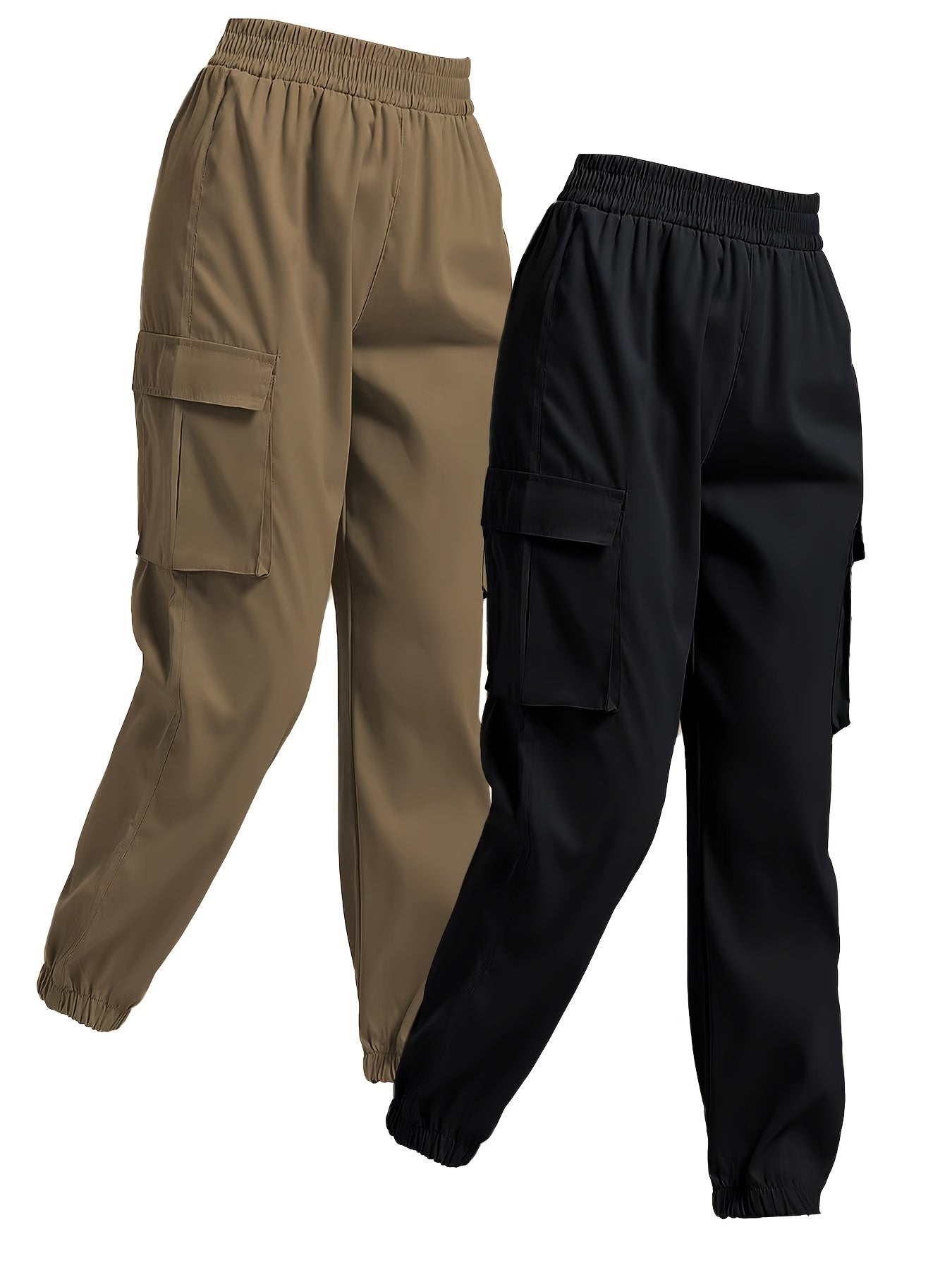 2 Pack Solid Jogger Cargo Pants, Casual Flap Pocket Elastic Waist Pants, Women's Clothing