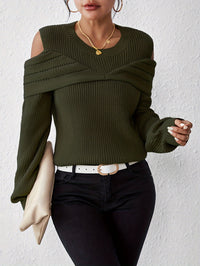Elegant Cold Shoulder Solid Knit Sweater, Casual Crew Neck Long Sleeve Sweater, Women's Clothing