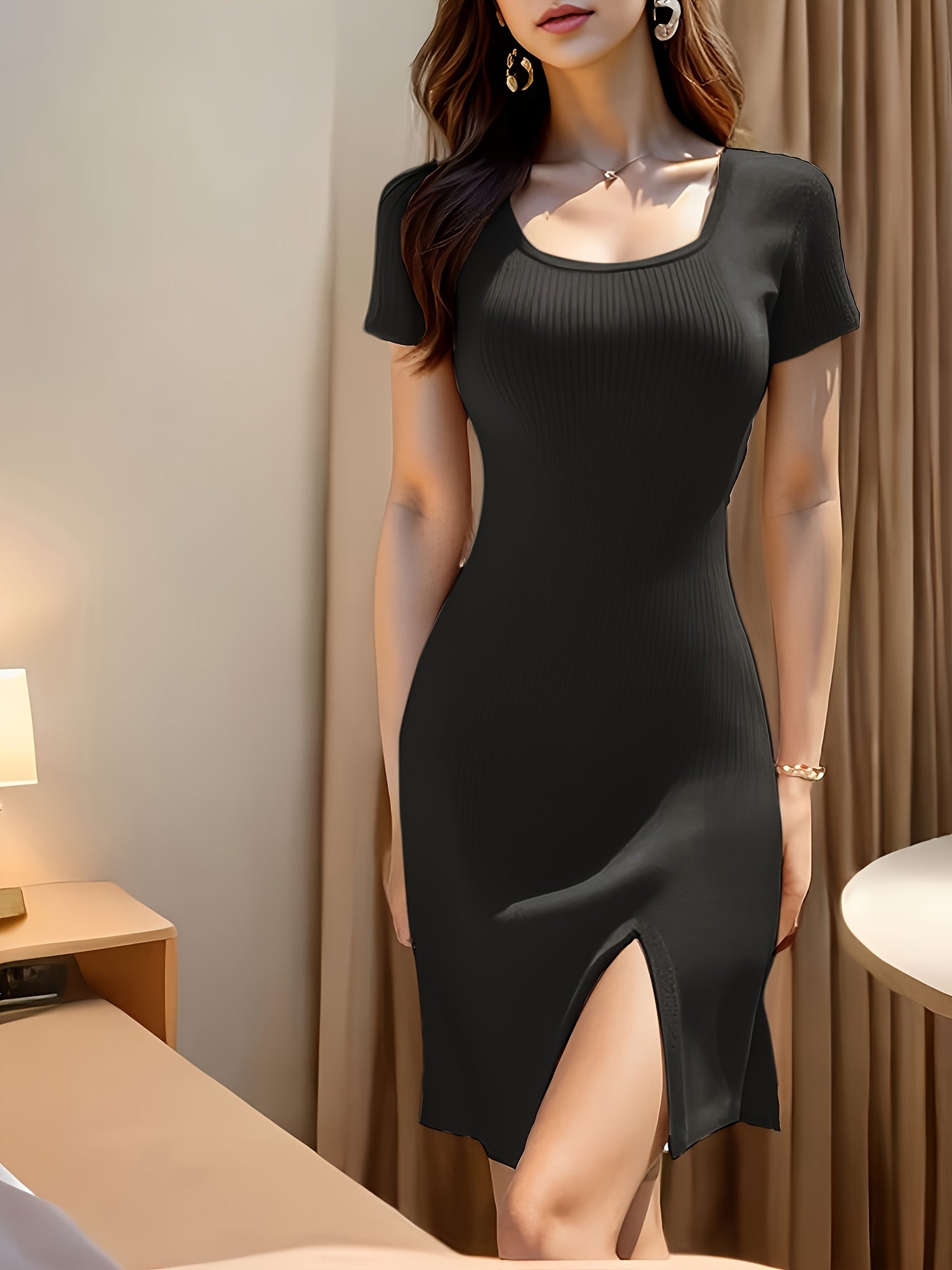 Bodycon Square Neck Dress, Casual Solid Color Short Sleeve Split Hem Dress For Spring & Summer, Women's Clothing