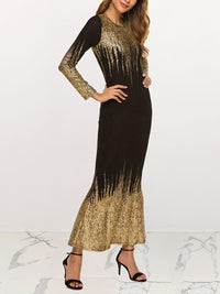 Bronzing Print Bodycon Dress, Elegant Crew Neck Long Sleeve Dress, Women's Clothing