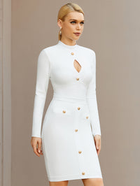 Mock Neck Cut Out Button Bandage Dress, Elegant Long Sleeve Slim Bodycon Dress For Spring & Fall, Women's Clothing