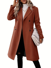Double-Breasted Lapel Collar Pea Coat, Elegant Mid Length Long Sleeve Outerwear For Fall & Winter, Women's Clothing - Veloxea