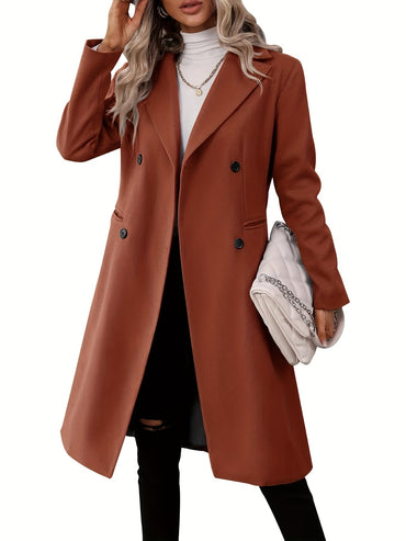 Double-Breasted Lapel Collar Pea Coat, Elegant Mid Length Long Sleeve Outerwear For Fall & Winter, Women's Clothing - Veloxea