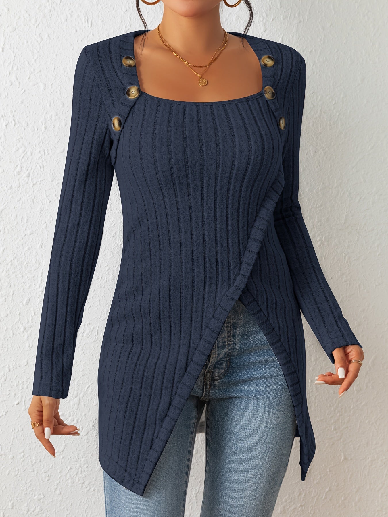 Button Decor Asymmetrical Hem T-Shirt, Casual Ribbed Long Sleeve Top For Spring & Fall, Women's Clothing - Veloxea