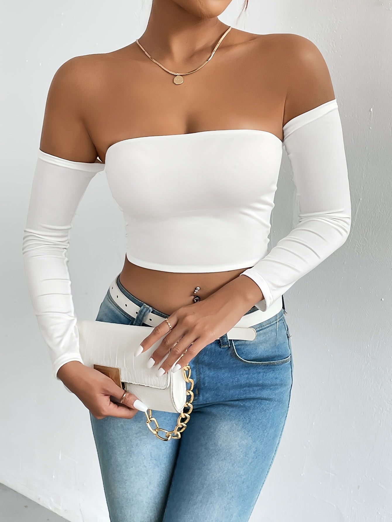 Solid Color Off-shoulder Crop Top, Sexy Long Sleeve Slim Top, Women's Clothing - Veloxea