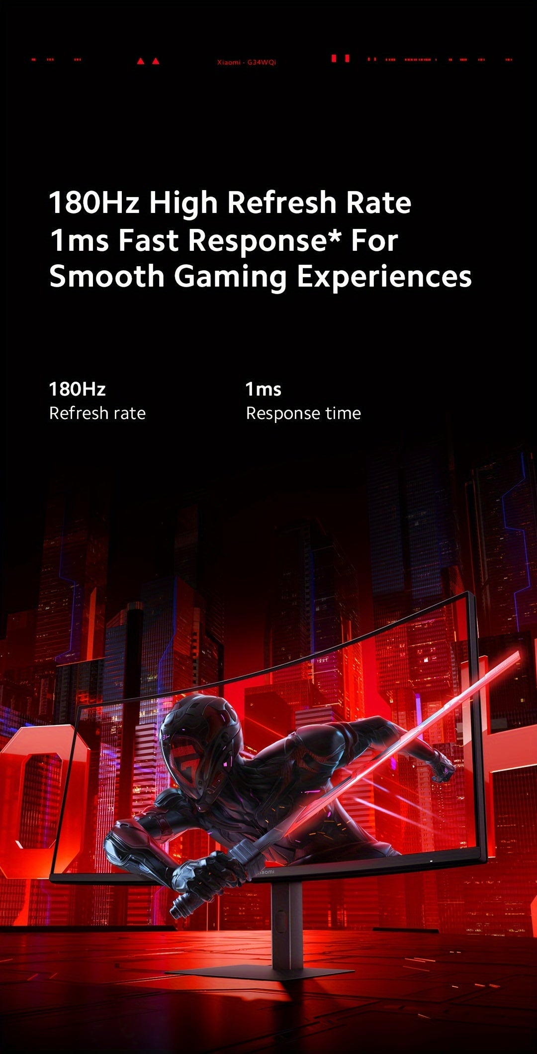 Xiaomi 34-inch Curved Gaming Monitor 180Hz High Reshed Rate 1ms Fast FreeSync Premium E<2* Professional Calibration 95%DCI-P3 100% SRGB* Low Blue Light Computer Screen Monitor Desktop Monitor - Veloxea