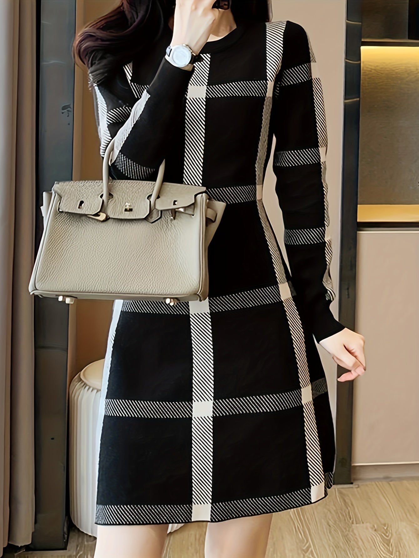 Plaid Pattern Midi Dress, Casual Crew Neck Long Sleeve Dress, Women's Clothing