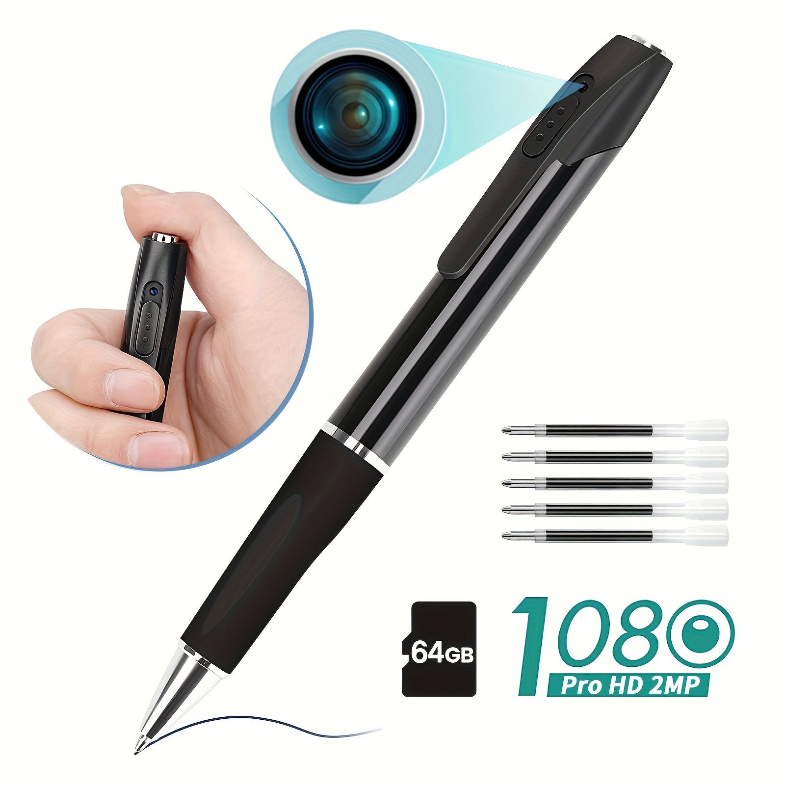 1pc HD 1080P Pen Camera, 64GB Memory Card Included, Portable Mini Surveillance & Security Nanny Cam, Easy-to-Use, For Home Office Meeting Recording, Indoor/Outdoor Use - Veloxea