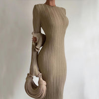 Slim Long-sleeved Ruffled Dress Sexy Hip-wrapped Back-less Knitted Dresses