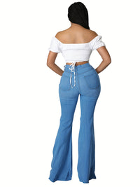 High Rise Ripped Knees Wide Legs Flare Jeans, Slim Fit High Waist Washed Black Denim Pants, Women's Denim Jeans & Clothing