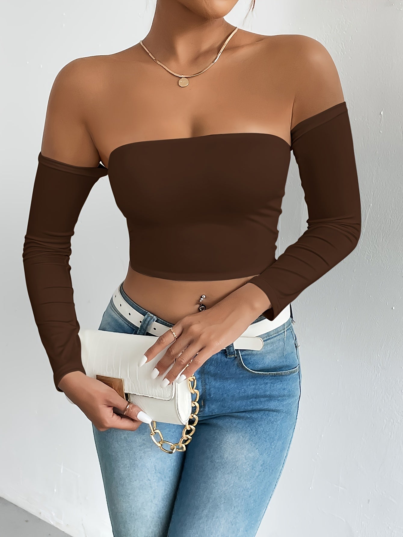 Solid Color Off-shoulder Crop Top, Sexy Long Sleeve Slim Top, Women's Clothing - Veloxea