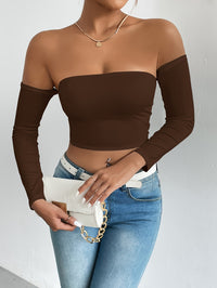 Solid Color Off-shoulder Crop Top, Sexy Long Sleeve Slim Top, Women's Clothing - Veloxea