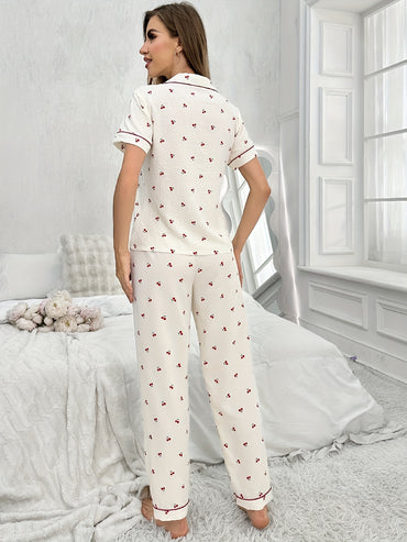 Cherry Print Pajama Set, Short Sleeve Buttons Top & Elastic Waistband Pants, Women's Sleepwear & Loungewear