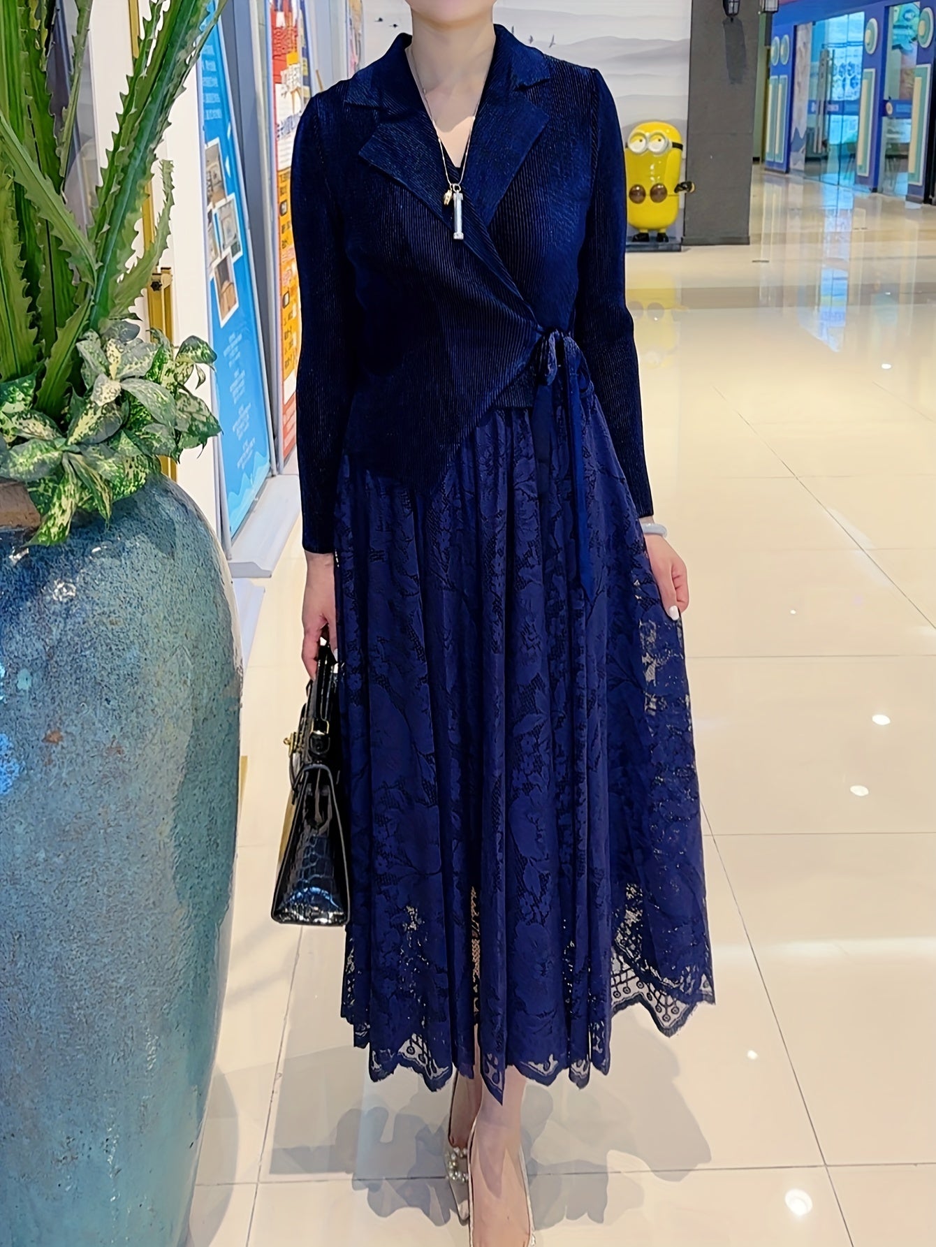 Elegant Plus Size Lace Contrast Midi Dress with Lapel Collar and Long Sleeves - High Stretch Polyester Fabric, Flared Hem