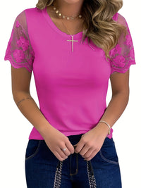 Women's T-Shirt Elegant Lace Short Sleeve Cut Out Crew Neck Loose Casual Summer T-Shirt