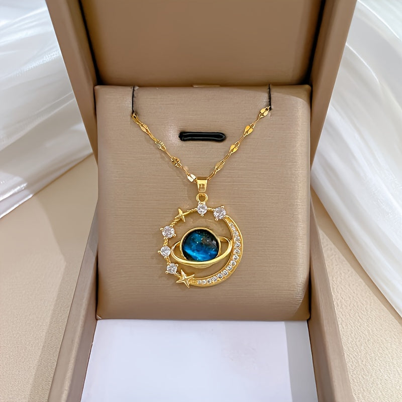 Stainless Steel Zircon Astral Blue Starry Planet Moon Pendant Necklace For Women, Great Christmas Halloween Thanksgiving Day Gift, New Year's Gift, Valentine's Day Gift - Veloxea