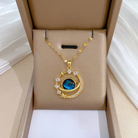 Stainless Steel Zircon Astral Blue Starry Planet Moon Pendant Necklace For Women, Great Christmas Halloween Thanksgiving Day Gift, New Year's Gift, Valentine's Day Gift - Veloxea