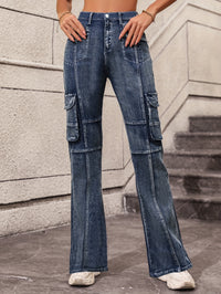 Blue Flap Pockets Cargo Pants, High Waist High-Stretch Y2K Style Pintuck Jeans, Women's Denim Jeans & Clothing