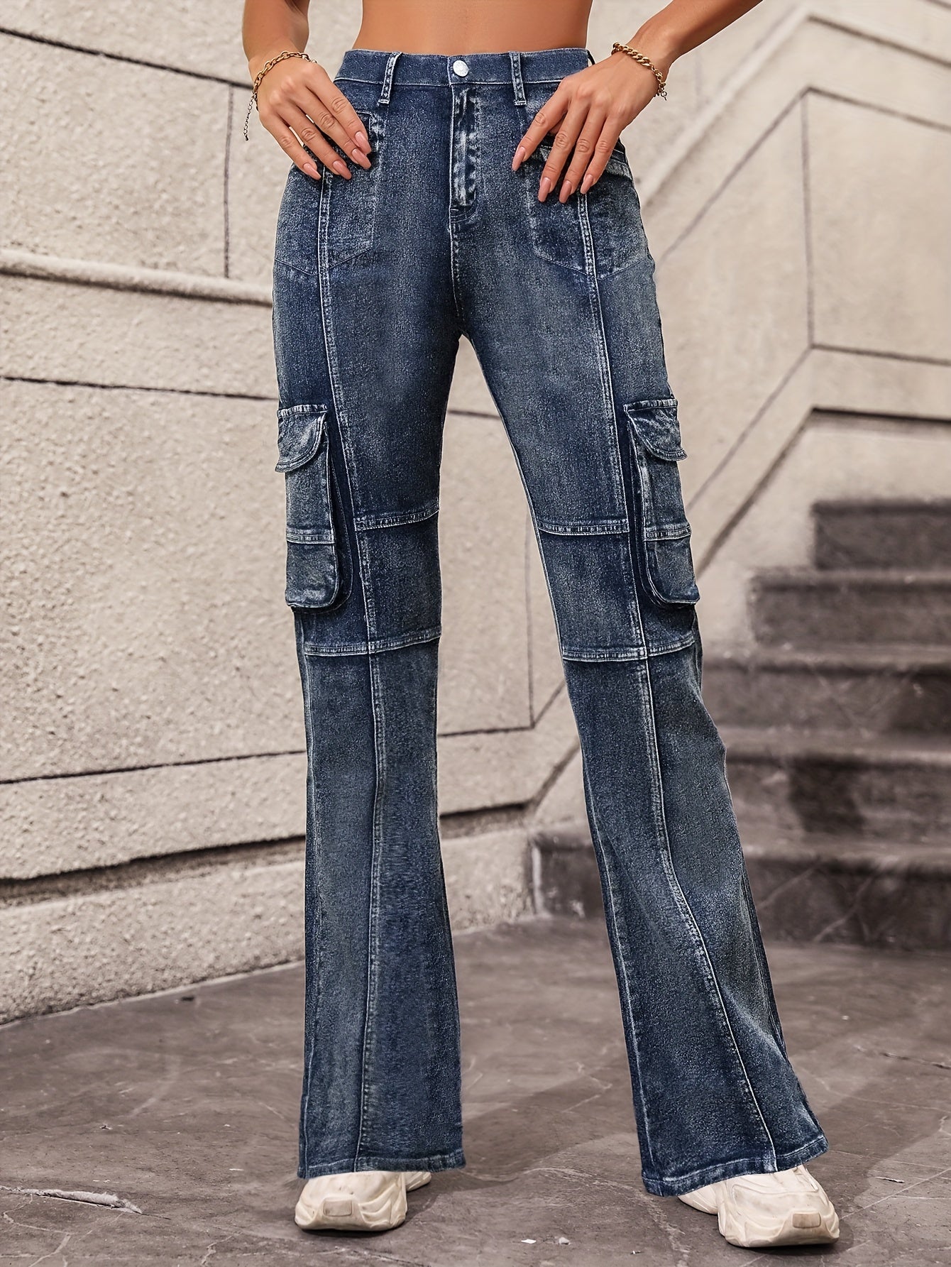 Blue Flap Pockets Cargo Pants, High Waist High-Stretch Y2K Style Pintuck Jeans, Women's Denim Jeans & Clothing