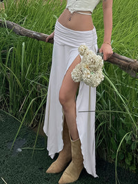 Women's Summer Low Waist Skirt Solid Color Ruched Waist Side Split Long Skirt for Travel, Beach - Veloxea