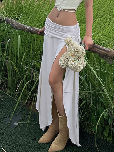 Women's Summer Low Waist Skirt Solid Color Ruched Waist Side Split Long Skirt for Travel, Beach - Veloxea
