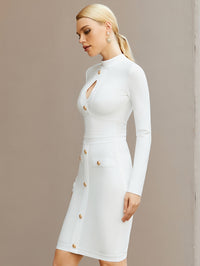Mock Neck Cut Out Button Bandage Dress, Elegant Long Sleeve Slim Bodycon Dress For Spring & Fall, Women's Clothing