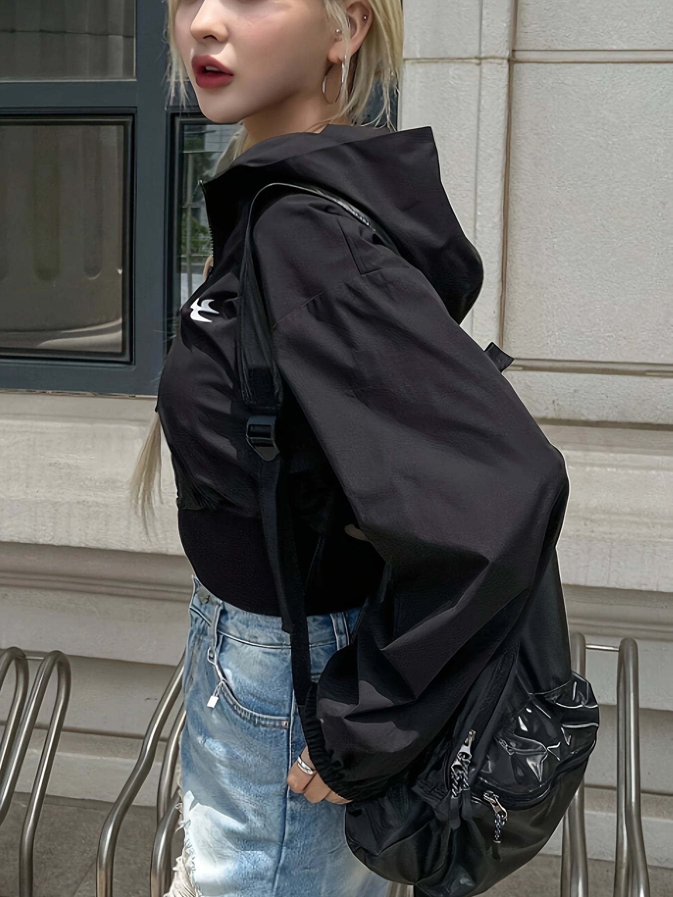 Zipper Front Crop Hooded Jacket, Casual Long Sleeve Outwear For Spring & Fall, Women's Clothing - Veloxea