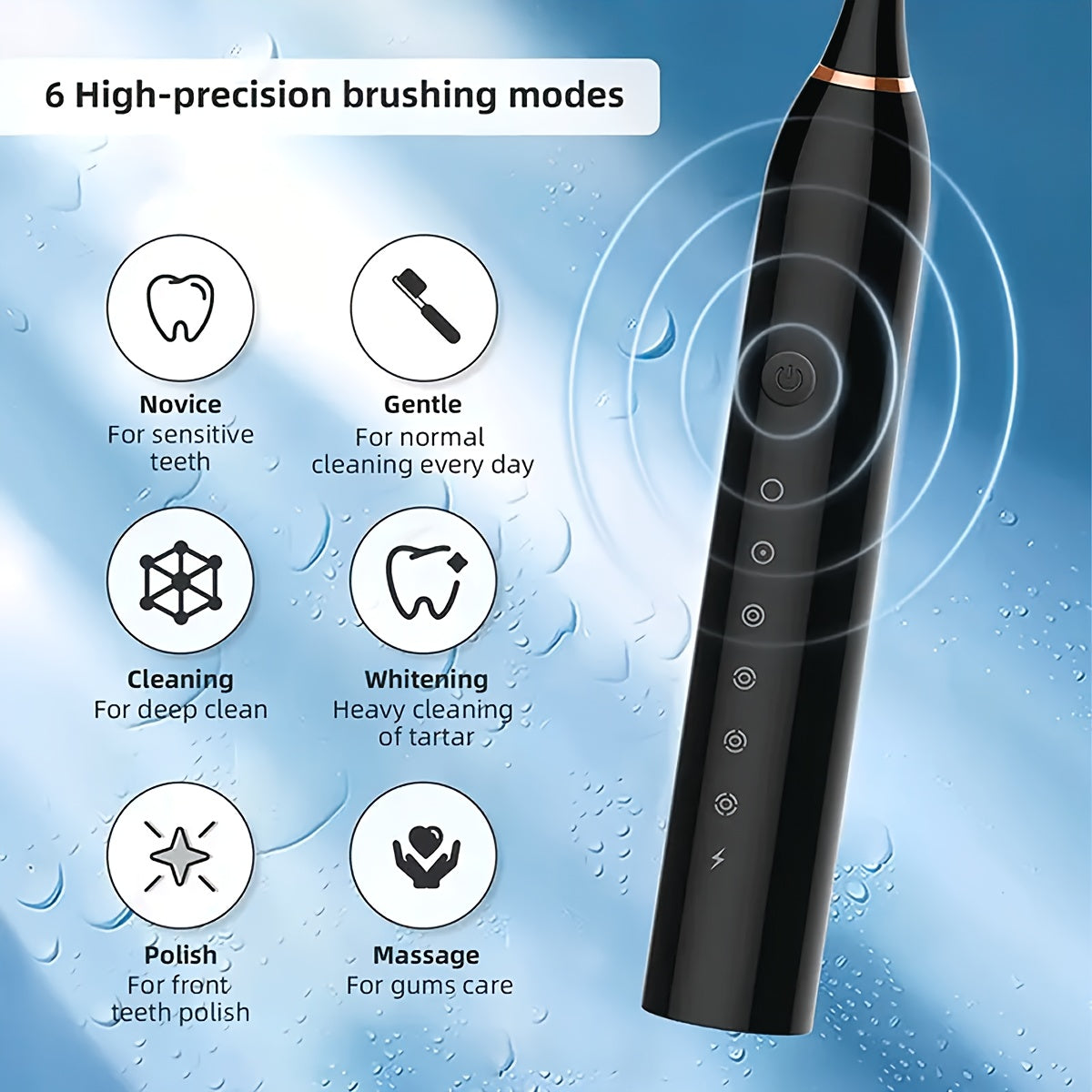 Electric Toothbrush With 6 Modes And A Smart Timer, Suitable For Both Men And Women, Rechargeable USB Electric Toothbrush, Oral Hygiene, 4/8 Replacement Heads, Sensitive Gums And Teeth Special Soft Toothbrush - Veloxea
