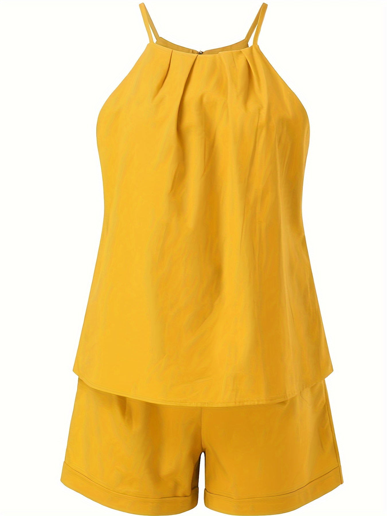 Solid Casual Two-piece Set, Sleeveless Top & Pocket Shorts Outfits, Women's Clothing - Veloxea