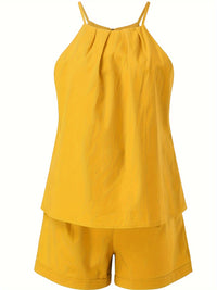 Solid Casual Two-piece Set, Sleeveless Top & Pocket Shorts Outfits, Women's Clothing - Veloxea