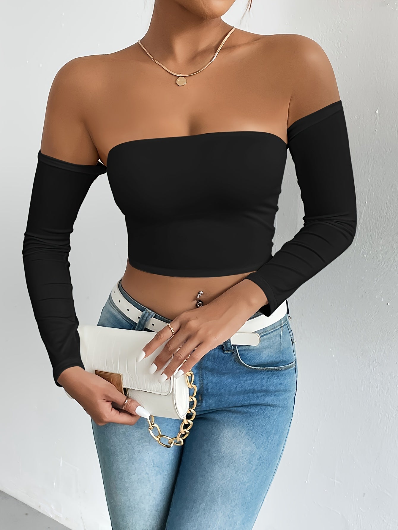 Solid Color Off-shoulder Crop Top, Sexy Long Sleeve Slim Top, Women's Clothing - Veloxea
