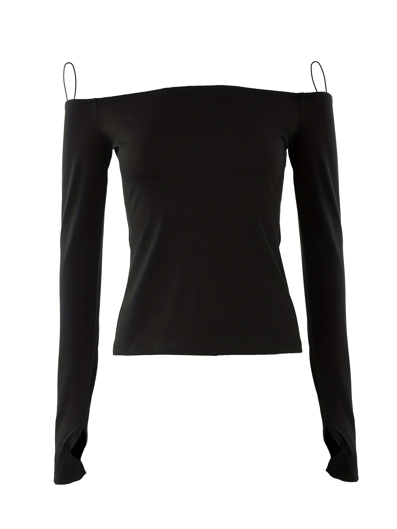 Off Shoulder Solid T-Shirt, Casual Long Sleeve Top For Spring & Fall, Women's Clothing - Veloxea