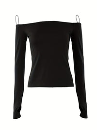 Off Shoulder Solid T-Shirt, Casual Long Sleeve Top For Spring & Fall, Women's Clothing - Veloxea