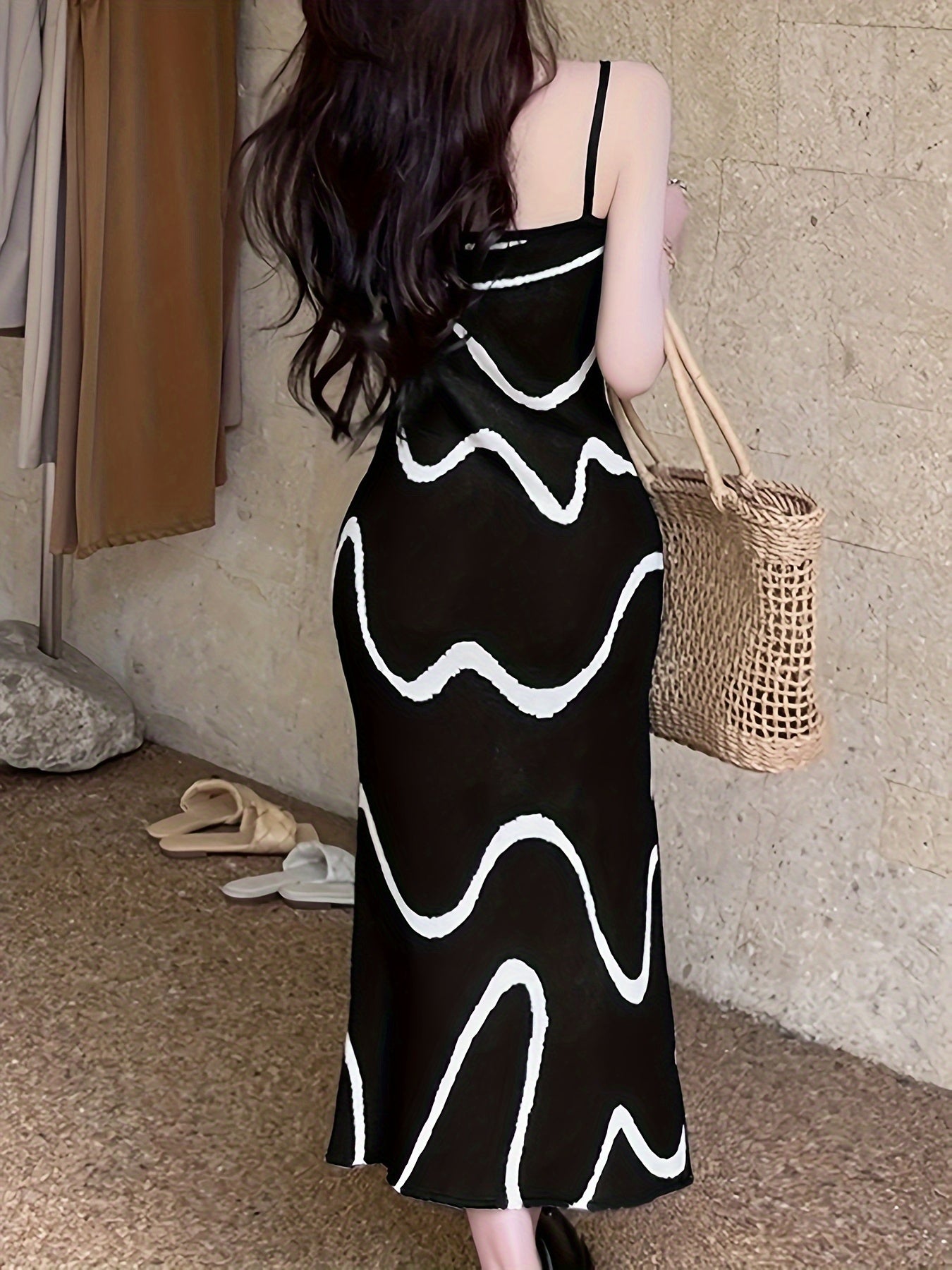 Striped Spaghetti Strap Knitted Dress, Elegant Slim Cami Dress, Women's Clothing
